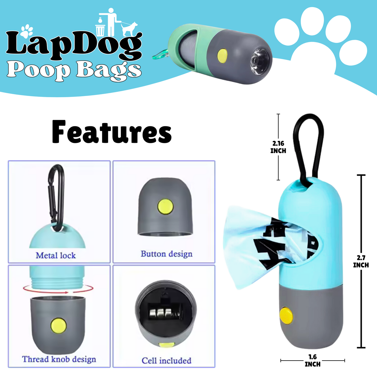 Dog Poop Bag Holders w/LED flashlight- Set of Two