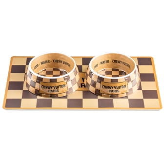 Checker Chewy Vuiton Bowls & Mat Bundle by Haute Diggity Dog