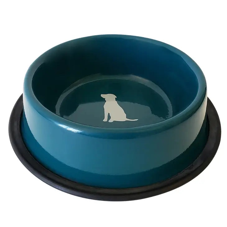 Non Skid Stainless Steel Dog Bowl with Dog Print - Teal